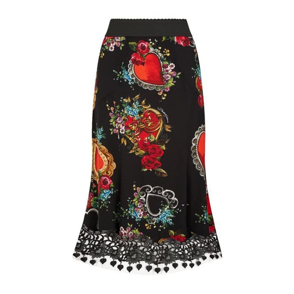 DOLCE & GABBANA Black Silk Midi Skirt Heart Rose Print In Black IT 40 US S